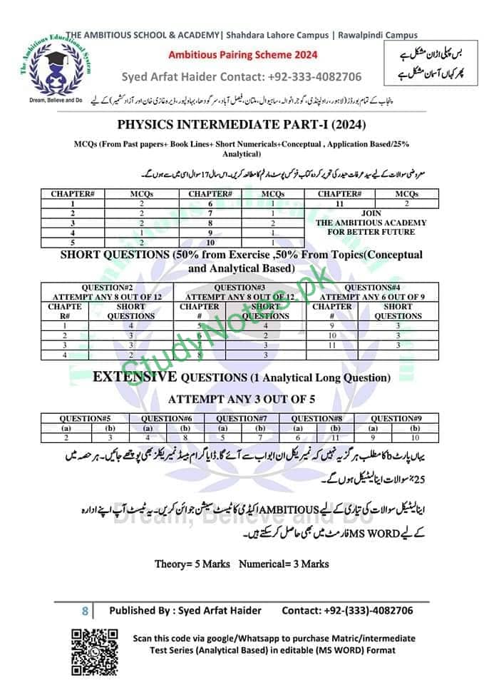 11th Class Physics Pairing Scheme Punjab Board