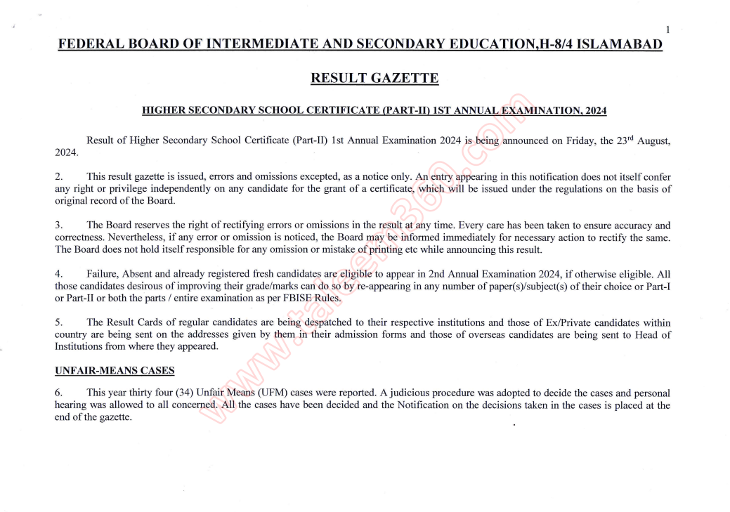 HSSC Federal Board 12th Class Result Gazette 2024 PDF
